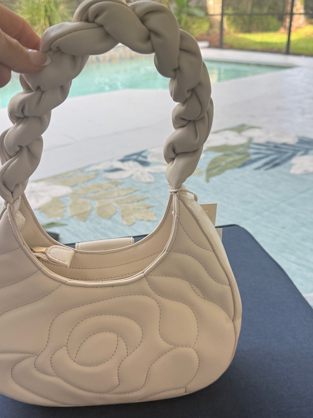 Braided-Handle Quilted Shoulder Bag in Cream